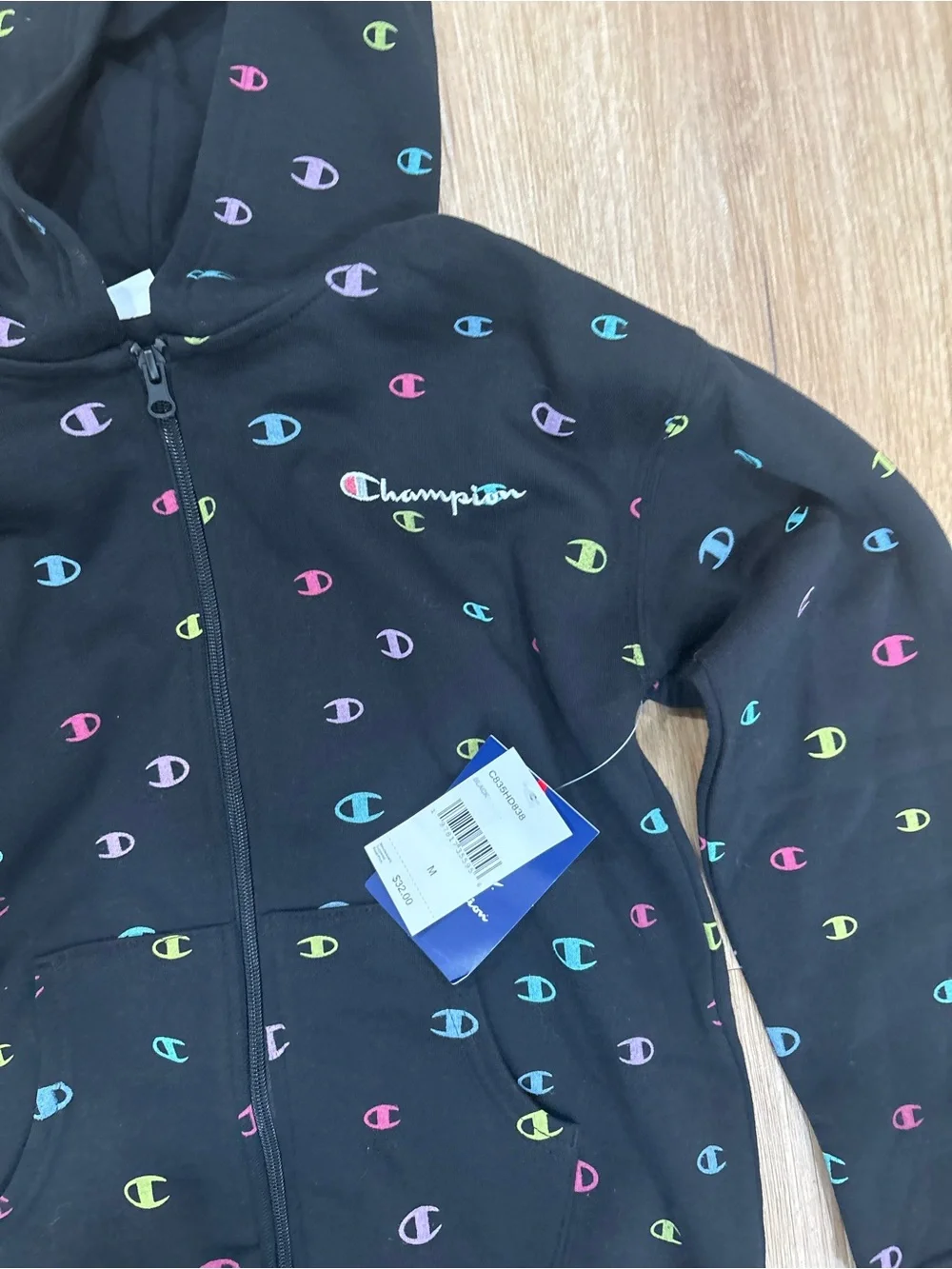Champion girl Black Hoodie with Multicolor Logo Print comfy back to school